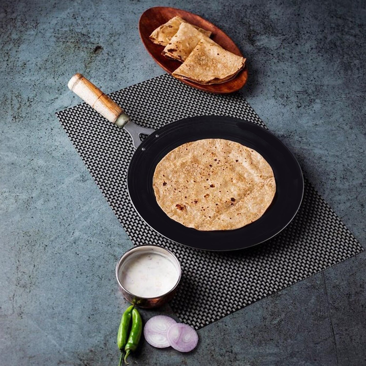 2692 Wooden Handle Roti Tawa used in all household and kitchen purposes for making rotis and parathas etc. freeshipping - DeoDap 2692 Wooden Handle Roti Tawa used in all household and kitchen purposes for making rotis and parathas etc. freeshipping - DeoDap